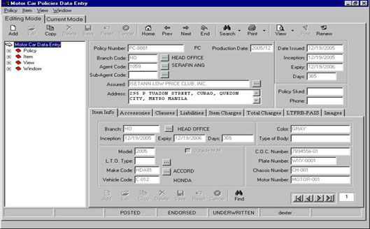 Motor Car Policies Data Entry 